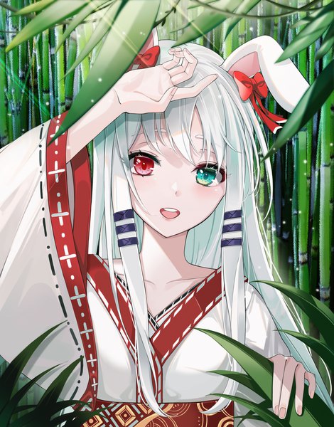 Anime picture 2816x3598 with original lebring single long hair tall image looking at viewer blush fringe highres open mouth smile red eyes green eyes animal ears upper body white hair traditional clothes :d arm up sunlight