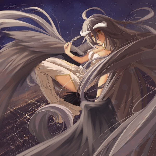 Anime picture 831x831 with overlord (maruyama) madhouse albedo (overlord) qingchen single fringe breasts light erotic hair between eyes large breasts bare shoulders holding yellow eyes looking away cleavage ahoge bent knee (knees) very long hair head tilt horn (horns)