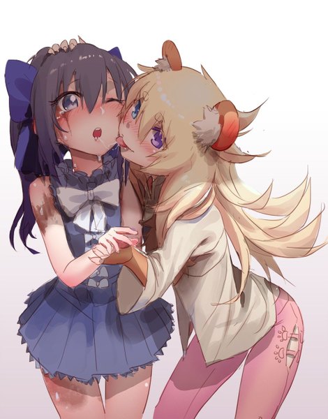 Anime picture 1024x1306 with dorei to no seikatsu ~teaching feeling~ sylvie (dorei to no seikatsu) nin long hair tall image blush fringe open mouth blue eyes light erotic black hair simple background blonde hair smile white background purple eyes bare shoulders multiple girls animal ears payot