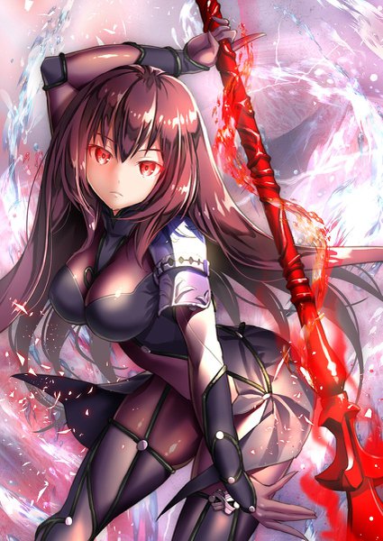 Anime picture 851x1200 with fate (series) fate/grand order scathach (fate) (all) scathach (fate) suishougensou single long hair tall image looking at viewer fringe breasts light erotic hair between eyes red eyes large breasts purple hair glowing arm behind head glowing eye (eyes) glowing weapon