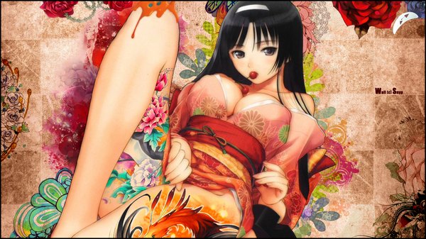 Аниме картинка 1920x1080 с snyp (r0pyns) длинные волосы высокое разрешение грудь лёгкая эротика широкое изображение японская одежда девушка еда кимоно ягода (ягоды) вишенка