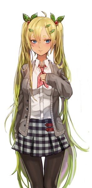Anime picture 1489x3016 with original kim eb single tall image blush fringe blue eyes simple background blonde hair smile hair between eyes white background twintails looking away ahoge very long hair multicolored hair green hair thigh gap hand on chest