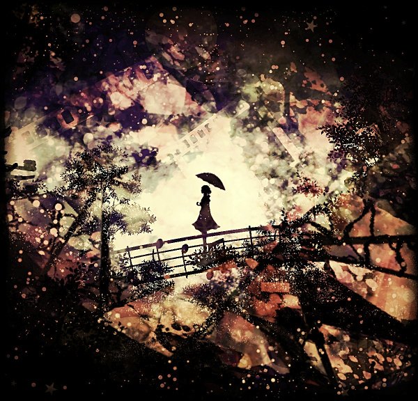 Anime picture 1200x1152 with original harada miyuki single profile night silhouette girl dress plant (plants) tree (trees) star (stars) umbrella musical note bridge