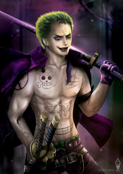 Anime picture 3508x4961 with one piece batman toei animation dc comics roronoa zoro the joker auey supaluk single tall image looking at viewer highres short hair smile standing holding green eyes signed absurdres one eye closed green hair