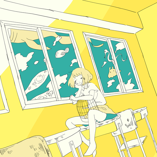 Anime picture 2083x2083 with original mitsuki sanagi single fringe highres short hair blonde hair sitting looking away full body indoors chin rest girl animal window chair fish (fishes) desk cage octopus