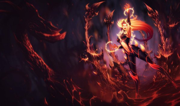 Anime picture 1024x604 with league of legends zyra (league of legends) katiedesousa single long hair open mouth wide image lava girl navel plant (plants) armor fire thorns