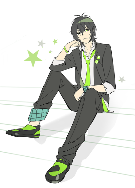 イラスト 800x1107 と プリティーリズム king of prism by prettyrhythm プリティーシリーズ kougami taiga poti ソロ 長身像 カメラ目線 前髪 短い髪 黒髪 simple background hair between eyes 白背景 座る 緑の目 全身 男性 ネクタイ スター