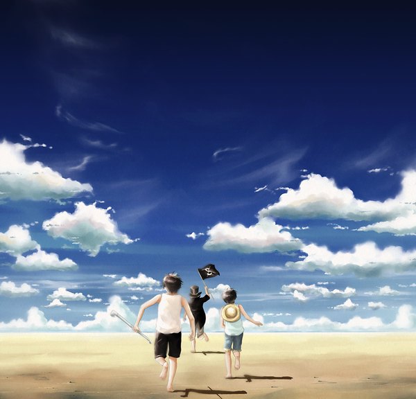 Anime picture 1040x1000 with one piece toei animation monkey d. luffy portgas d. ace sabo (one piece) megatruh short hair black hair sky cloud (clouds) full body barefoot from behind multiple boys sleeveless sand running alternate age younger boy