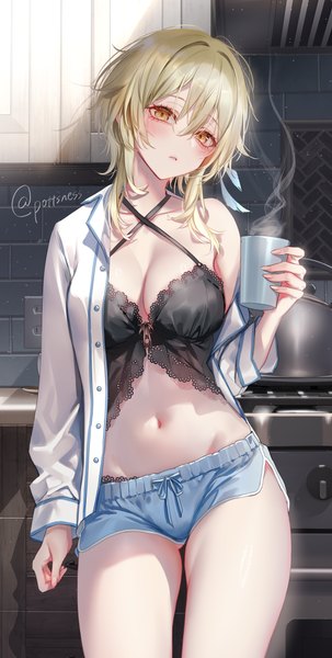 Anime picture 4600x9100 with genshin impact lumine (genshin impact) pottsness single tall image looking at viewer blush fringe highres short hair breasts light erotic blonde hair hair between eyes large breasts standing holding signed yellow eyes absurdres