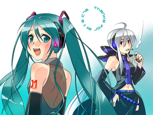 Anime picture 1280x960 with vocaloid voyakiloid hatsune miku yowane haku caffein long hair smile red eyes twintails multiple girls green eyes silver hair very long hair green hair tattoo smoking girl ribbon (ribbons) 2 girls detached sleeves