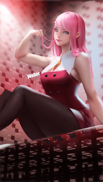 Anime picture 4000x7002 with darling in the franxx studio trigger zero two (darling in the franxx) weber single long hair tall image looking at viewer fringe highres breasts blue eyes light erotic hair between eyes sitting signed pink hair absurdres indoors arm up