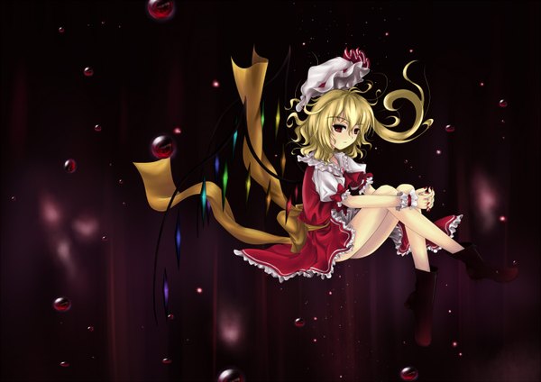 Anime picture 1500x1060 with touhou flandre scarlet cloudy.r single blonde hair red eyes one side up weightlessness leg hug girl hat wings boots water drop crystal