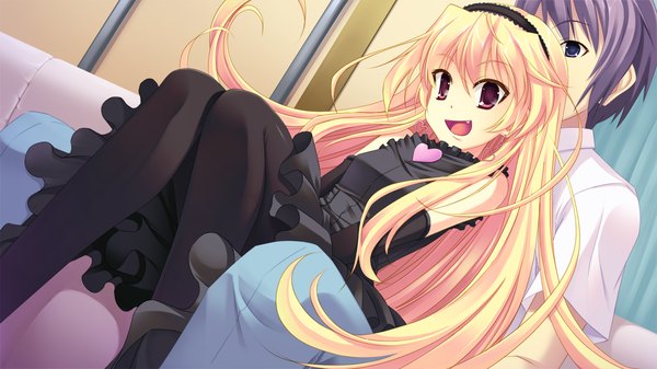 Anime picture 1280x720 with strawberry feels long hair short hair open mouth black hair blonde hair red eyes wide image game cg black eyes teeth fang (fangs) girl dress boy gloves elbow gloves headdress