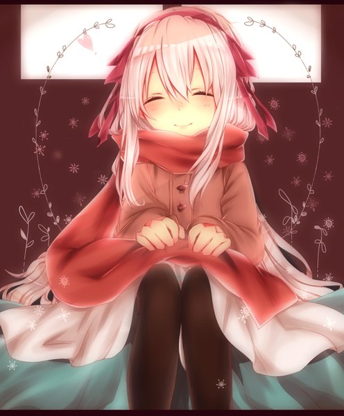 Anime picture 1400x1692 with kagerou project shaft (studio) mary (kagerou project) misa (kaeruhitode) single long hair tall image blush smile sitting pink hair eyes closed girl ribbon (ribbons) hair ribbon pantyhose scarf coat