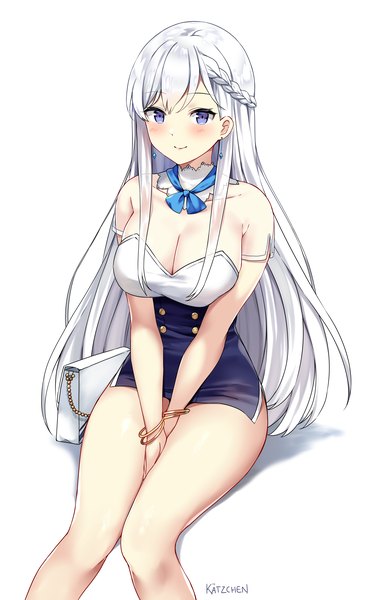 Anime picture 3504x5613 with azur lane belfast (azur lane) kaetzchen single long hair tall image looking at viewer blush fringe highres breasts blue eyes light erotic simple background smile large breasts white background sitting signed payot