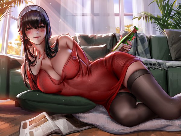 Anime picture 4000x3000 with spy x family yor briar liang xing single long hair looking at viewer fringe highres breasts light erotic black hair smile hair between eyes large breasts holding brown eyes absurdres cleavage indoors lying