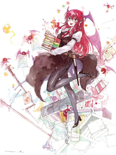 Anime picture 1200x1610 with touhou koakuma chihiro (kemonomichi) single long hair tall image looking at viewer red eyes red hair braid (braids) pointy ears bat wings head wings traditional media watercolor (medium) girl weapon pantyhose sword glasses