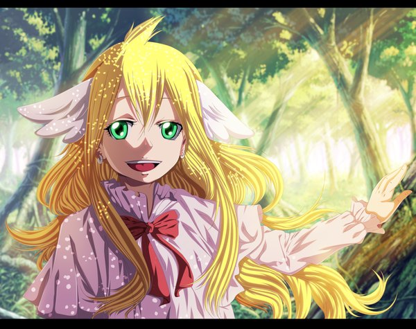 Anime picture 4800x3807 with fairy tail mavis vermillion sama15 single long hair highres open mouth blonde hair smile green eyes absurdres ahoge sunlight loli coloring sunbeam head wings girl dress plant (plants)
