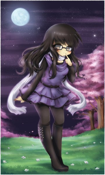 Anime picture 692x1154 with midna01 single long hair tall image looking at viewer blush fringe black hair brown eyes :o finger to mouth girl dress plant (plants) pantyhose tree (trees) glasses moon knee boots full moon