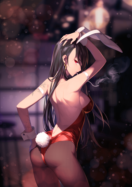Anime picture 2479x3508 with maplestory kun (thiepriest) harafha single long hair tall image looking at viewer fringe highres breasts light erotic large breasts holding animal ears ass tail animal tail profile looking back arm up