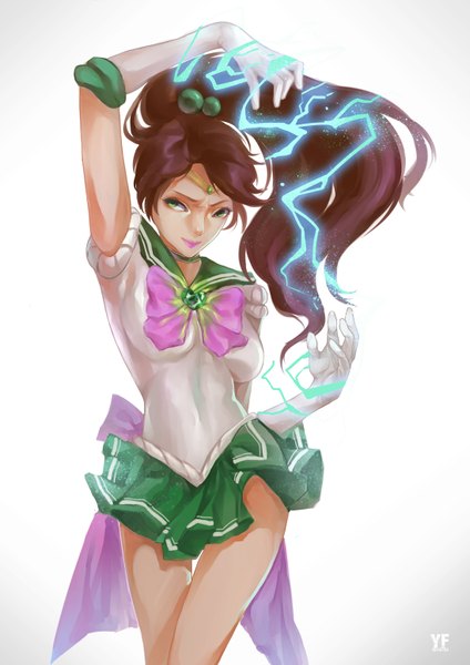 Anime picture 1095x1548 with bishoujo senshi sailor moon toei animation kino makoto sailor jupiter yf (artist) single long hair tall image looking at viewer breasts simple background smile brown hair large breasts standing white background green eyes ponytail lightning girl