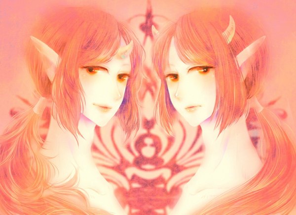 Anime picture 1181x861 with original 392 (pixiv) long hair looking at viewer red eyes ponytail horn (horns) pointy ears orange hair multiple boys orange eyes couple face face to face twins boy 2 boys