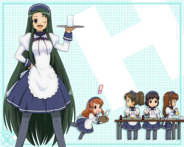 Anime picture 1280x1024 with suzumiya haruhi no yuutsu kyoto animation asahina mikuru tsuruya nagian chibi waitress girl