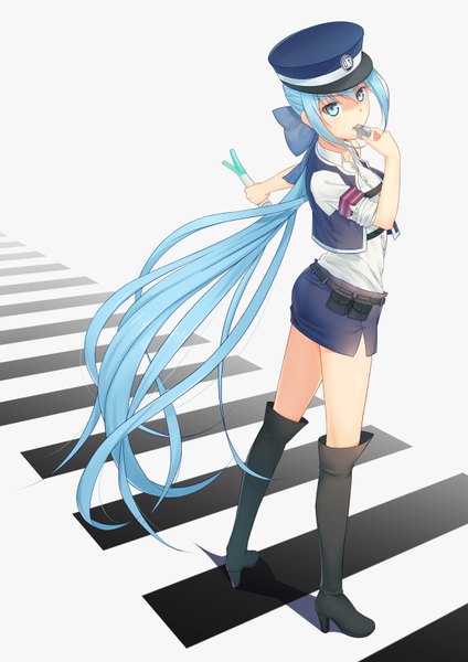 Anime-Bild 1240x1754 mit vocaloid hatsune miku anarchojs single tall image fringe hair between eyes standing white background payot looking away full body ponytail very long hair aqua eyes aqua hair shadow turning head alternate hairstyle crosswalk