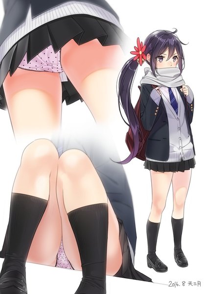 Anime picture 776x1100 with kantai collection akebono destroyer ama mitsuki single long hair tall image blush fringe light erotic simple background hair between eyes standing white background sitting purple eyes looking away purple hair full body ahoge bent knee (knees)