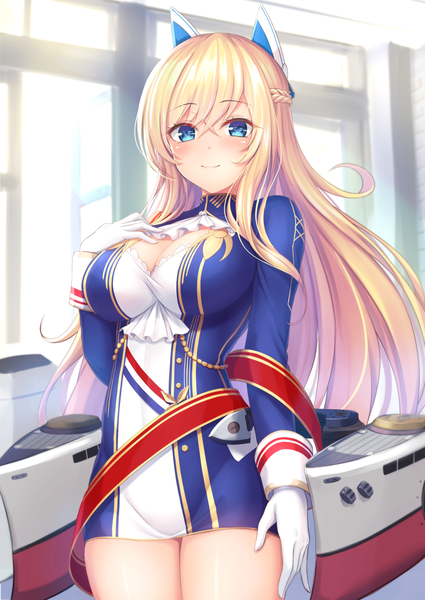 Anime picture 900x1271 with azur lane glorious (azur lane) tiphereth single long hair tall image looking at viewer blush fringe breasts blue eyes light erotic blonde hair smile hair between eyes large breasts standing payot indoors braid (braids)
