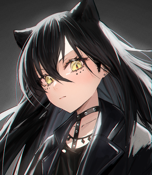 Anime picture 1476x1692 with arknights dagda (arknights) horn/wood single long hair tall image looking at viewer fringe black hair simple background hair between eyes animal ears yellow eyes upper body grey background mole open jacket mole under eye facial mark extra ears