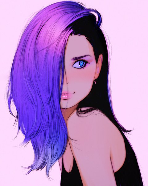 Anime picture 1080x1350 with original ilya kuvshinov single long hair tall image blush fringe blue eyes black hair simple background looking away purple hair upper body multicolored hair lips hair over one eye two-tone hair lipstick eyebrows pink background