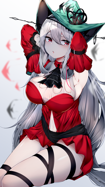 Anime picture 2160x3840 with arknights skadi (arknights) skadi the corrupting heart (arknights) samip single long hair tall image blush fringe highres breasts light erotic simple background hair between eyes red eyes large breasts white background sitting looking away silver hair