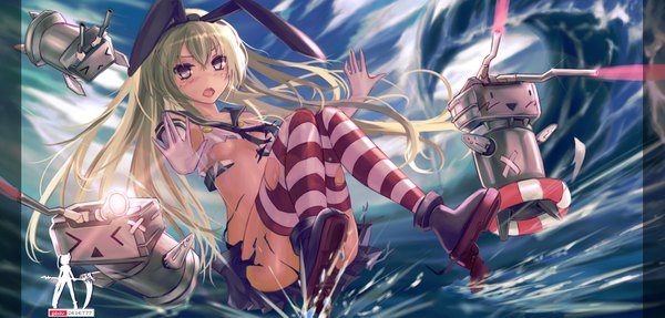 Anime picture 1985x951 with kantai collection shimakaze destroyer rensouhou-chan wangchuan de quanyan single long hair looking at viewer blush highres open mouth light erotic blonde hair wide image torn clothes girl thighhighs ribbon (ribbons) hair ribbon striped thighhighs torn thighhighs