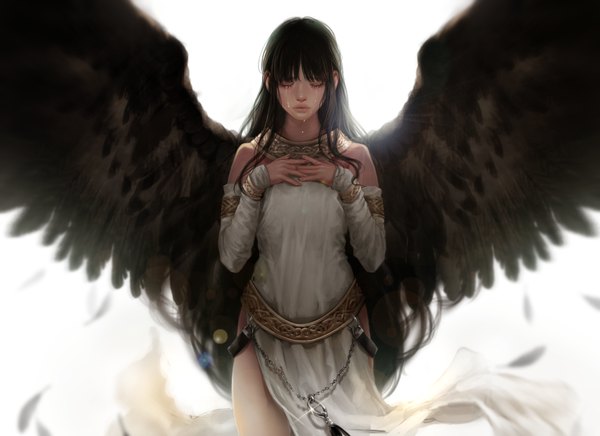 Anime picture 900x654 with mabinogi morrighan jangdori single long hair blush fringe black hair standing white background bare shoulders upper body blunt bangs eyes closed long sleeves wind lips sparkle tears lens flare