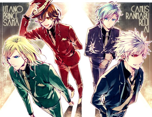 Anime picture 1100x850 with uta no prince-sama a-1 pictures mikaze ai kurosaki ranmaru kotobuki reiji camus long hair short hair blue eyes blonde hair smile red eyes brown hair standing brown eyes silver hair aqua eyes aqua hair multiple boys shadow