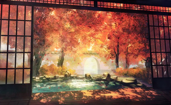 Аниме картинка 1307x800 с оригинальное изображение yingsu jiang широкое изображение тень без людей пейзаж осень растение (растения) дерево (деревья) лист (листья) осенние листья кленовый лист раздвижные двери японский дом сёдзи пруд веранда