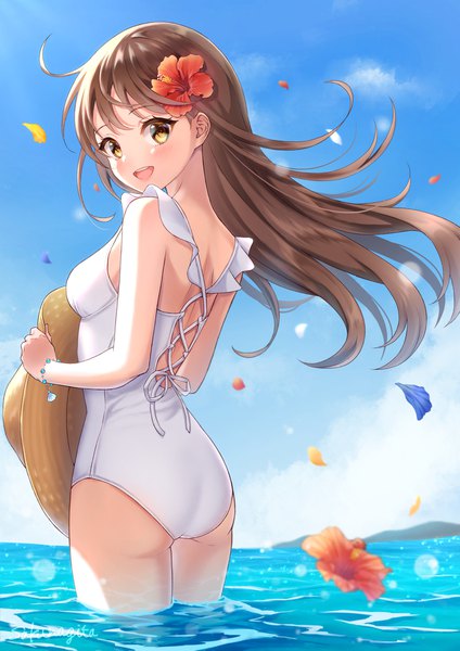 Anime picture 1447x2047 with original sakunagita single long hair tall image looking at viewer open mouth smile brown hair yellow eyes sky cloud (clouds) :d looking back hair flower wind from behind partially submerged hat removed headwear removed
