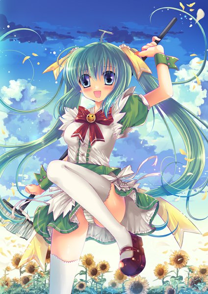 Anime picture 707x1000 with melonbooks melon-chan sousouman single long hair tall image blush open mouth blue eyes light erotic twintails sky cloud (clouds) green hair pantyshot girl thighhighs dress underwear panties