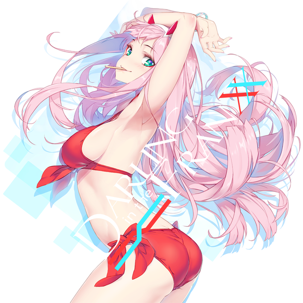 Anime picture 800x800 with darling in the franxx studio trigger zero two (darling in the franxx) hong (white spider) single long hair looking at viewer breasts light erotic simple background smile white background holding green eyes pink hair ass horn (horns) arms up armpit (armpits) copyright name