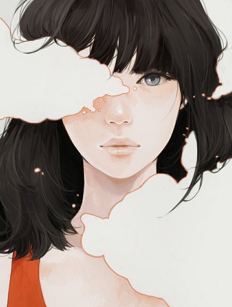 Anime picture 841x1110 with original tae (artist) single tall image fringe short hair black hair aqua eyes lips realistic face girl