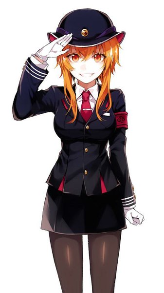 Anime picture 500x890 with original arisaka ako's witch arisaka ako single tall image looking at viewer fringe short hair breasts smile large breasts standing white background orange hair teeth orange eyes pale skin clenched teeth salute girl