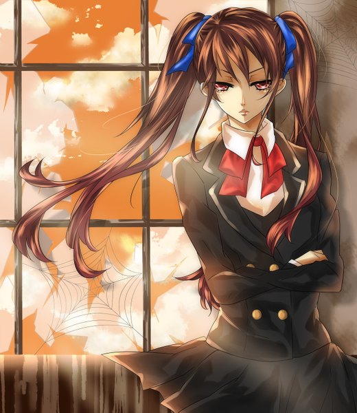 Anime picture 2500x2885 with another p.a. works akazawa izumi chi828 long hair tall image highres red eyes brown hair twintails tears girl uniform ribbon (ribbons) hair ribbon school uniform window spider web