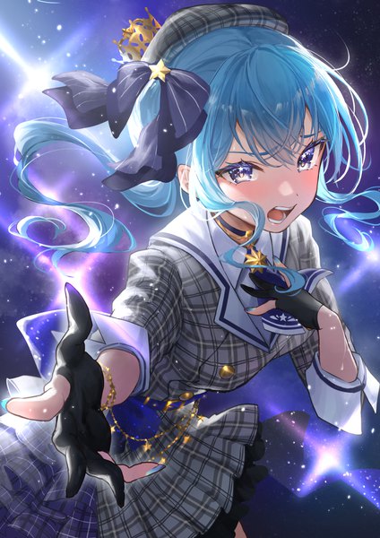 Anime picture 1000x1414 with virtual youtuber hololive hoshimachi suisei hoshimachi suisei (1st costume) misekiss single long hair tall image blush open mouth purple eyes payot blue hair nail polish :d side ponytail hand on chest plaid singing girl