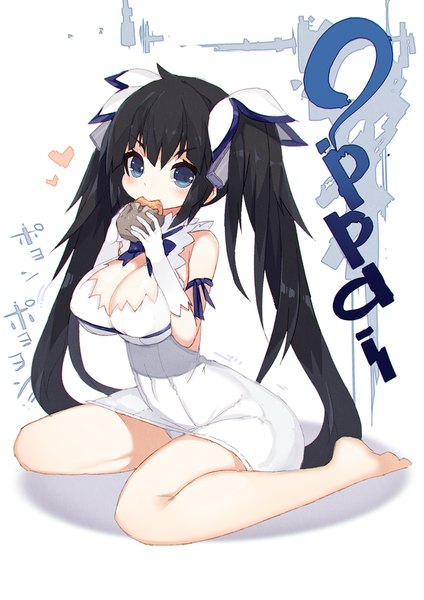 Anime picture 600x849 with dungeon ni deai wo motomeru no wa machigatteiru darou ka j.c. staff hestia (danmachi) mamuru single long hair tall image looking at viewer blush breasts blue eyes light erotic black hair large breasts sitting twintails holding full body barefoot bare legs