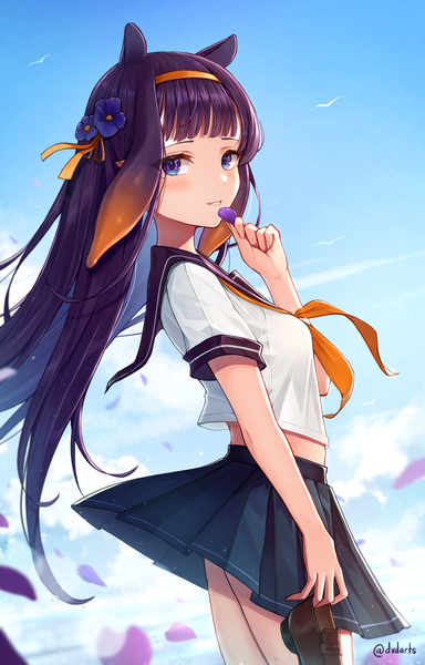 Anime picture 2324x3628 with virtual youtuber hololive hololive english ninomae ina'nis dvdarts single long hair tall image looking at viewer fringe highres blue eyes signed animal ears sky purple hair cloud (clouds) blunt bangs pleated skirt hair flower