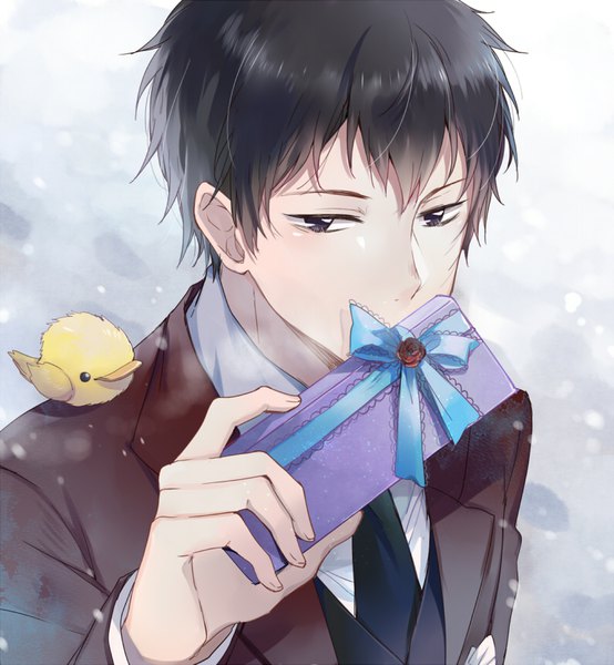 Anime picture 793x859 with katekyou hitman reborn hibari kyouya hibird ekita xuan single tall image looking at viewer short hair black hair upper body from above black eyes snowing exhalation covered mouth animal on shoulder formal bird on shoulder boy ribbon (ribbons)