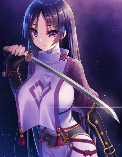 Anime picture 1000x1285 with fate (series) fate/grand order minamoto no raikou (fate) kuro futoshi single long hair tall image looking at viewer breasts smile large breasts purple eyes holding payot purple hair upper body girl gloves weapon sword