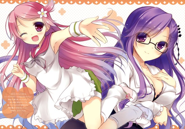 Anime picture 4281x3000 with fantasista doll shimeji (fantasista doll) madeleine (fantasista doll) yukie (peach candy) long hair highres open mouth smile purple eyes multiple girls absurdres purple hair scan girl dress hair ornament 2 girls socks glasses gaiters