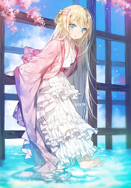 Anime picture 700x1000 with original sorolp single tall image looking at viewer fringe blonde hair hair between eyes standing signed sky cloud (clouds) full body very long hair traditional clothes parted lips japanese clothes barefoot aqua eyes :o